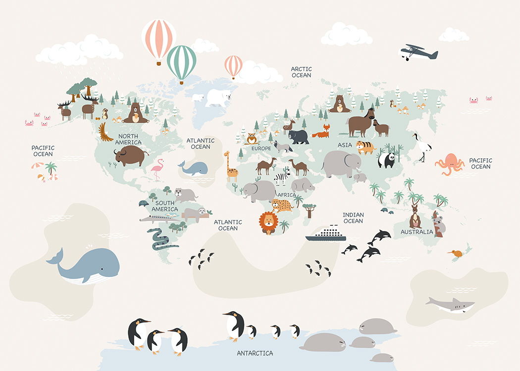  – Illustrasjon med et verdenskart og dyrene fra kontinentene