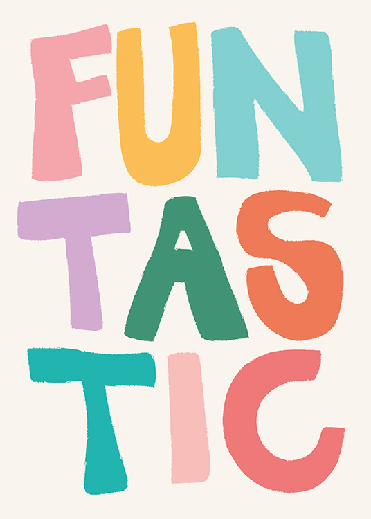  – Tekstplakat med ordet «Funtastic» skrevet i fargerike, store bokstaver mot en lys bakgrunn
