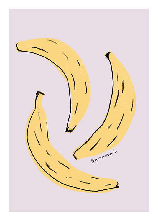  – Illustrasjon av tre bananer i gult mot en lilla bakgrunn med svart tekst