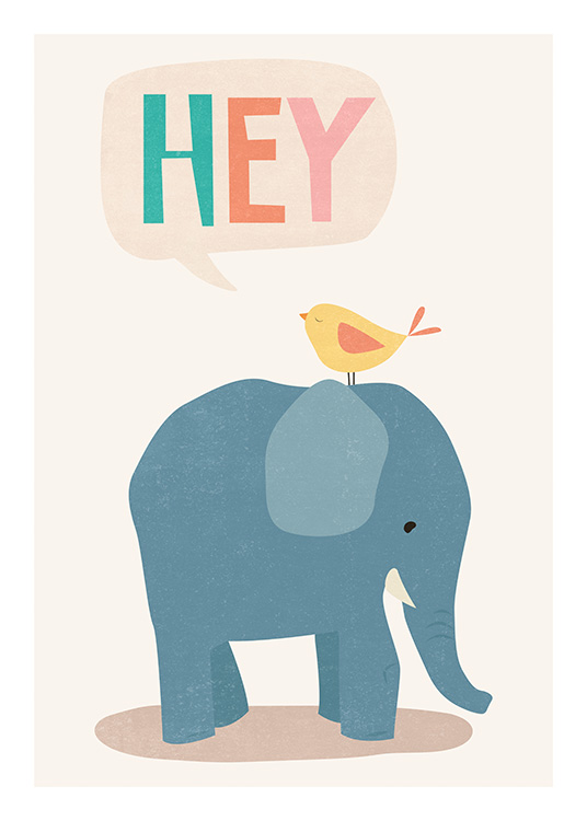  – Illustrasjon med en gul fugl som sitter på en blå elefant, med ordet «Hey» i en tankeboble