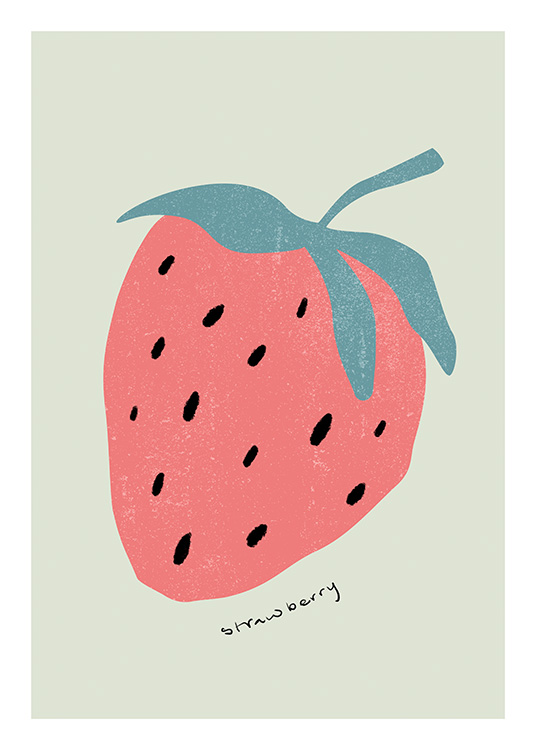  – Illustrasjon av et rødt jordbær og svart tekst mot en lysegrønn bakgrunn