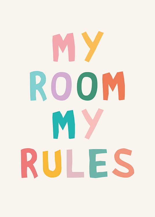  – Teksten «My room my rules» skrevet i fargerike bokstaver mot en lys bakgrunn