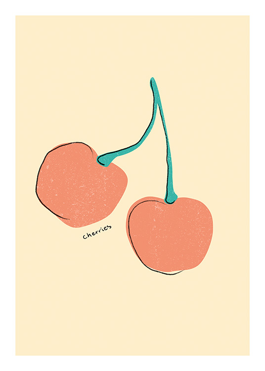  – Illustrasjon av to lyserøde kirsebær mot en gul bakgrunn