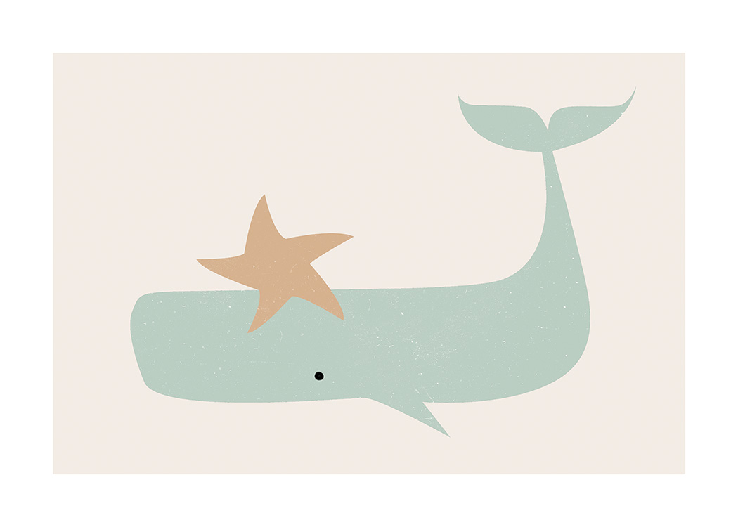  – Grafisk illustrasjon av en beige stjerne og en grønn hval mot en lys beige bakgrunn