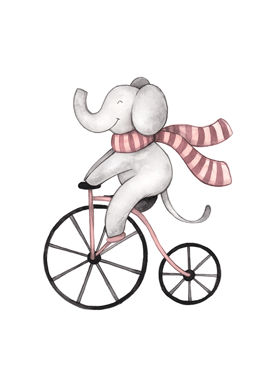  – Akvarellillustrasjon av en grå, smilende elefant som sykler iført et stripete skjerf