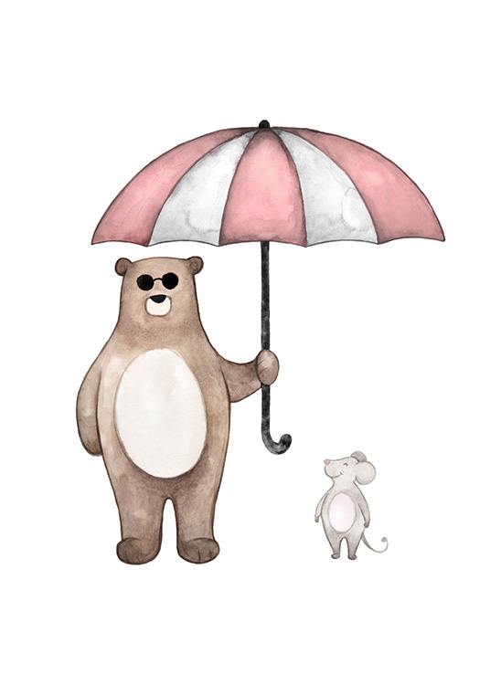  – Akvarellillustrasjon av en liten mus og en bjørn med solbriller som står under en paraply
