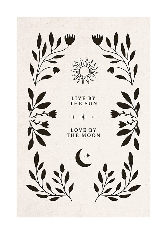  – Grafisk illustrasjon med tekst, en sol og en måne omgitt av en ramme av svarte blader og blomster