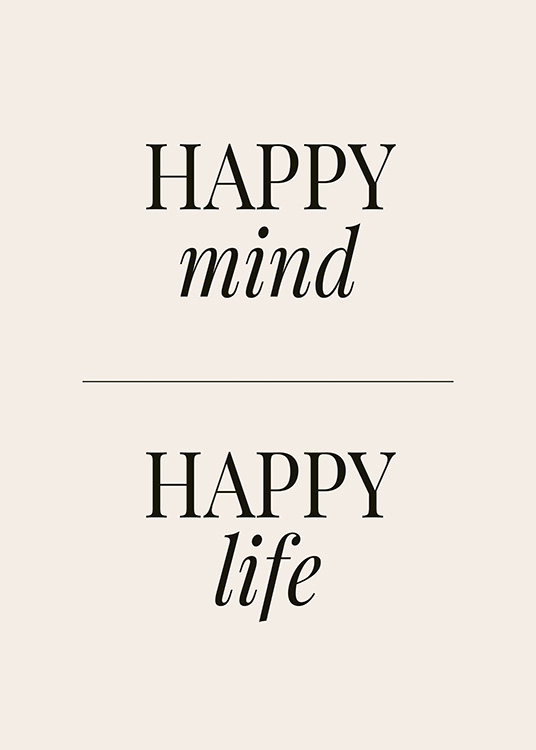  – Teksten «Happy mind Happy life» skrevet i svart mot en beige bakgrunn