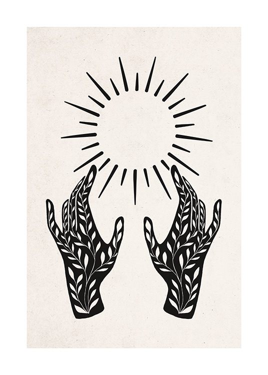  – Grafisk illustrasjon med solstråler over svarte hender med bladmønster mot en beige bakgrunn