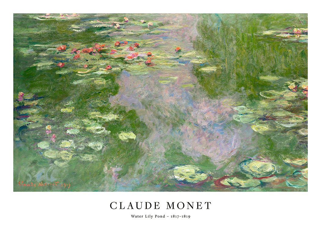  – Maleri av Monet, med vannlinjer og blader som flyter i en innsjø