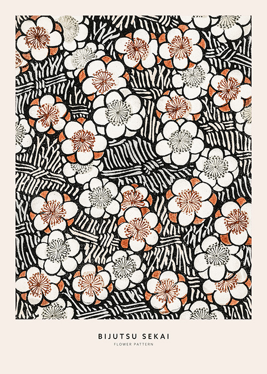  – Illustrasjon med et blomstermønster i svart og brunt med tekst under