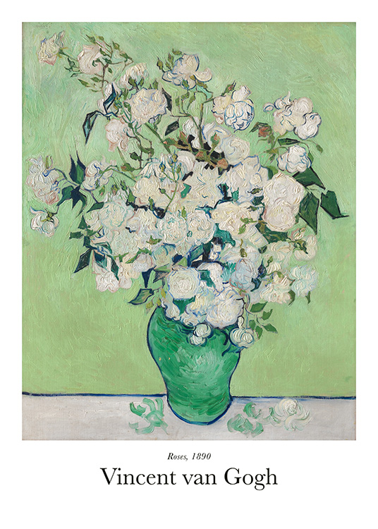  – Maleri av en stor bukett med hvite roser i en grønn vase mot en grønn bakgrunn