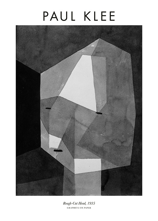  – Abstrakt maleri av et grått, abstrakt hode, med tekst øverst og nederst