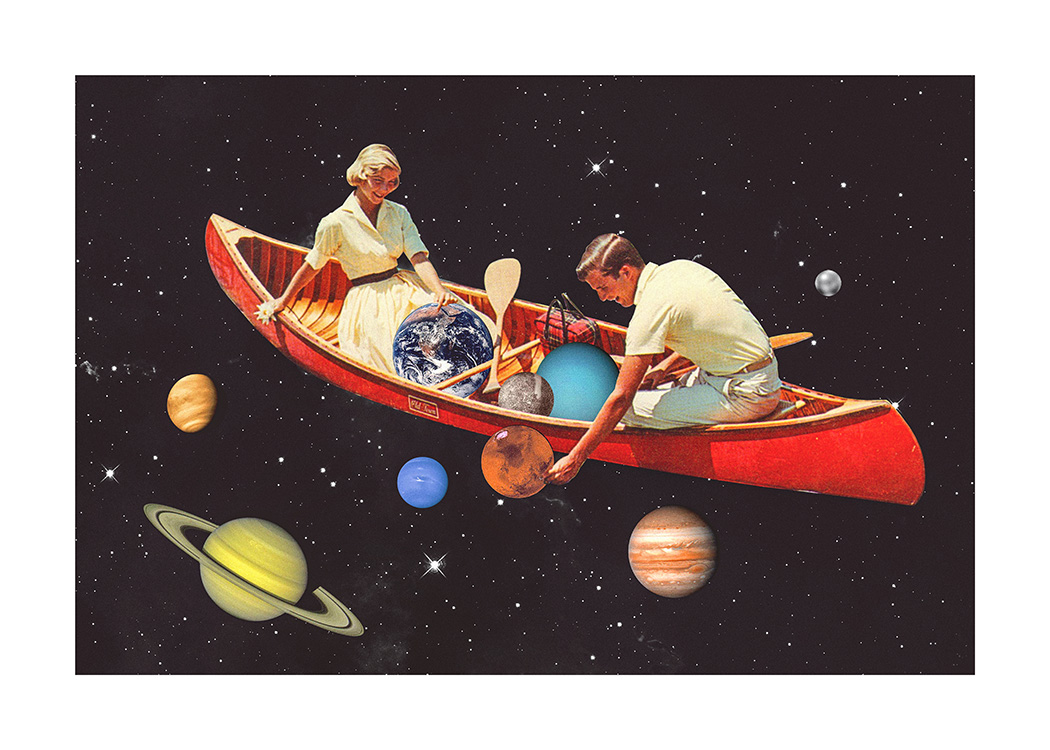  – Illustrasjon av en kvinen og en mann i en rød kano, omgitt av planeter i verdensrommet