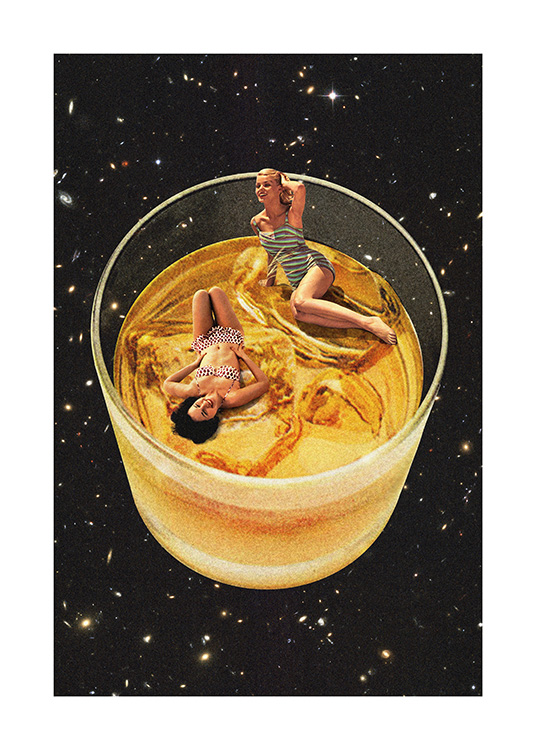  – Illustrasjon av et glass med whisky i verdensrommet, med to kvinner i vintage badetøy som svømmer i glasset