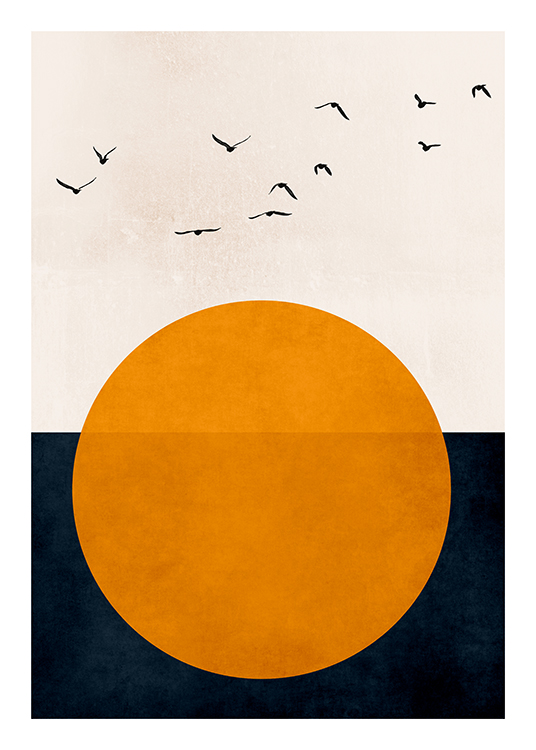– En grafisk illustrasjon med svarte fugler og en oransje sol mot en mørkegrå og lys beige bakgrunn
