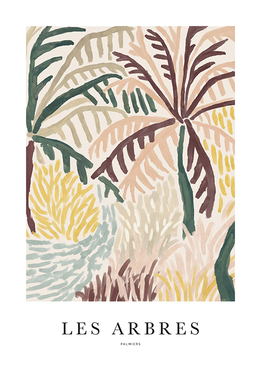 – Et abstrakt maleri med abstrakte trær i gult, beige, grønt og blått, med tekst under