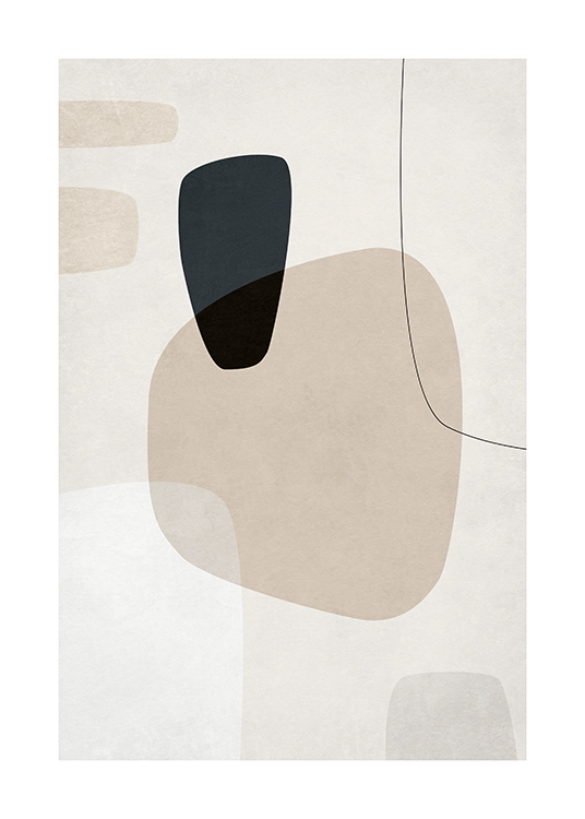 – En grafisk illustrasjon med beige, hvite og mørkegrå former og linjer