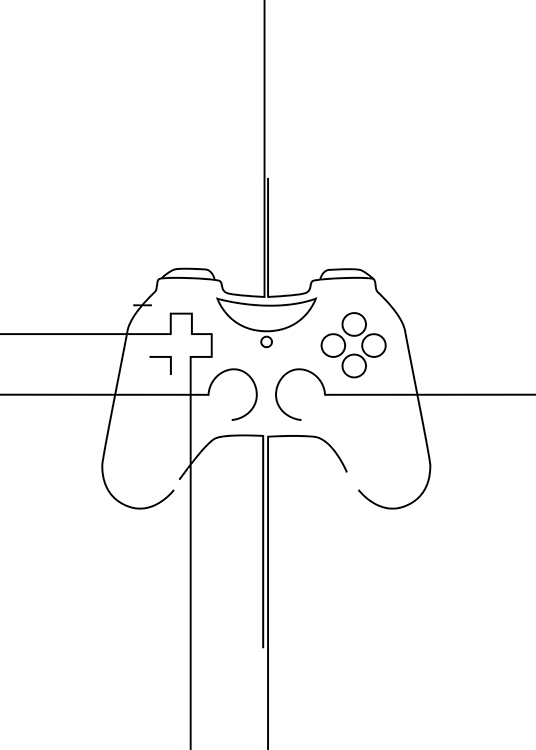 – Illustrasjon av en spillkontroller i svarte linjer mot en hvit bakgrunn