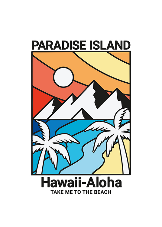 – Grafisk illustrasjon av en paradisøy på Hawaii, med palmer og fjell