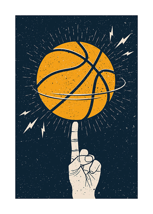 – Illustrasjon av en oransje basketball som spinnes på pekefingeren på en hånd