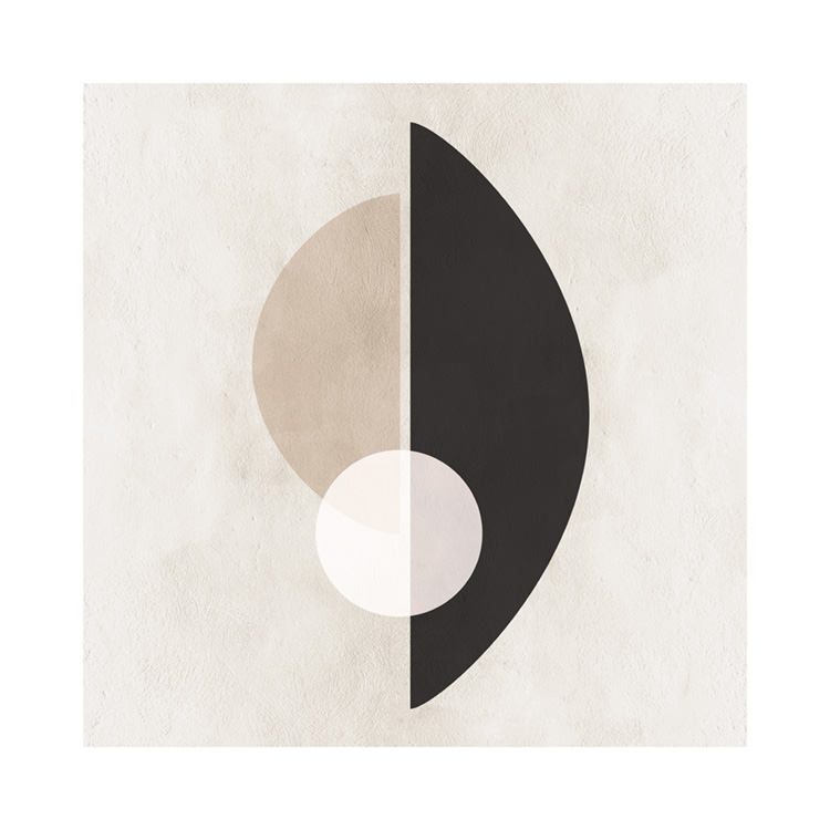 – En grafisk plakat med beige, svarte og hvite sirkler mot en beige bakgrunn