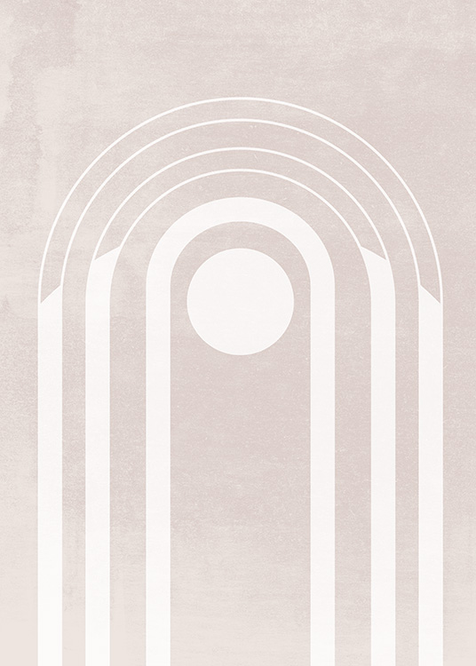 – En skandinavisk plakat med hvite buer og sirkel mot en beige bakgrunn