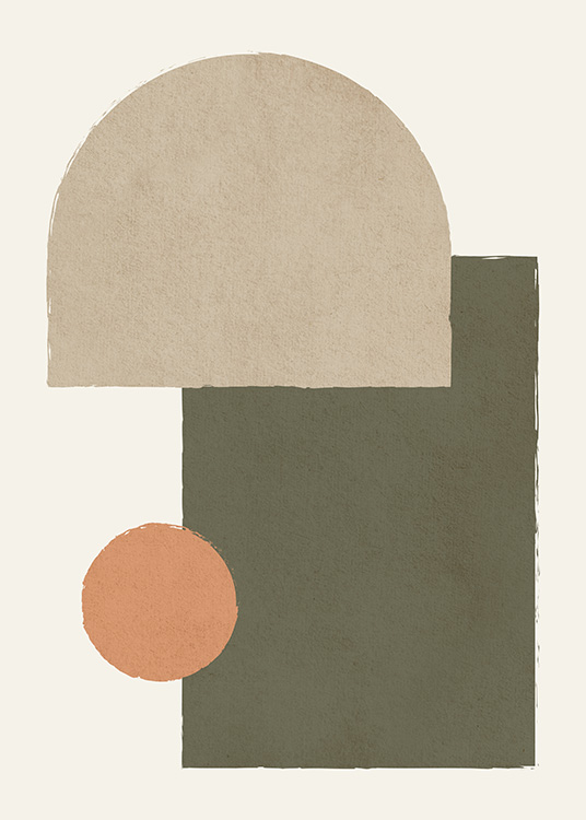 – En kul og moderne plakat av geometriske former i beige, grønt og oransje