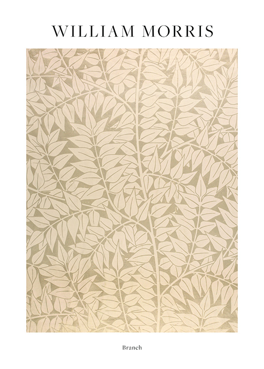 – Et klassisk William Morris – Branch-motiv i beige mot en beige/grønn bakgrunn. Motivet er innrammet med en hvit kant