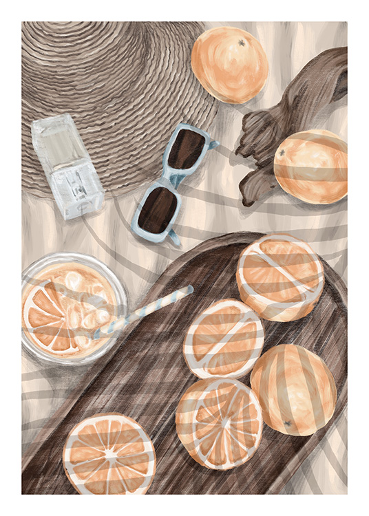 – Plakat av en piknik med appelsiner og annet