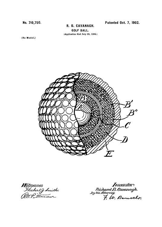 Golf Ball Patent Plakat / Svarthvitt hos Desenio AB (2134)
