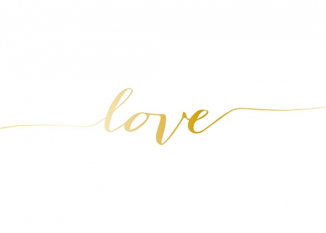  – Typografisk plakat med ordet «Love» i gyllen håndskrift mot en hvit bakgrunn