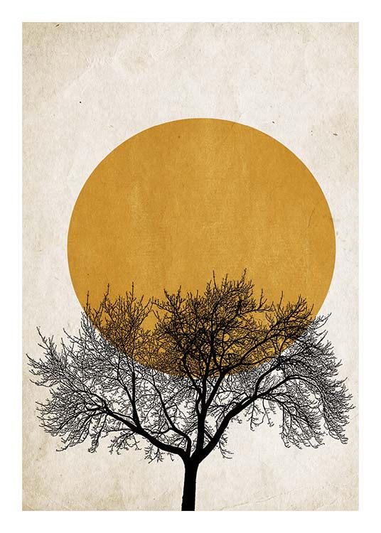  – Grafisk illustrasjon med et svart tre foran en mørkegul sol og en beige bakgrunn