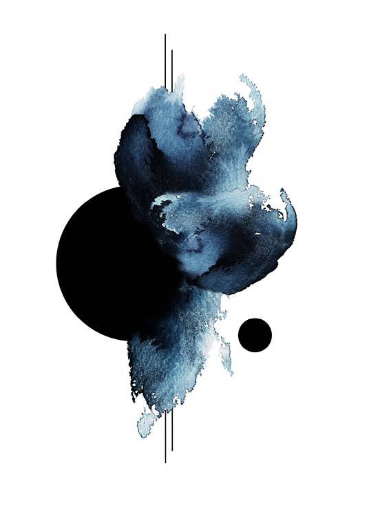  – Akvarell med abstrakte former i svart og blått mot en hvit bakgrunn