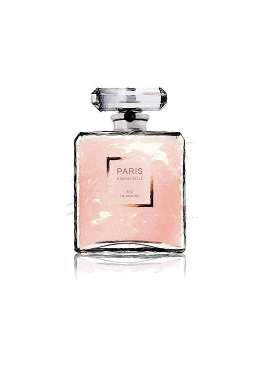  – Rosa akvarell av en parfymeflaske med ordet «PARIS»