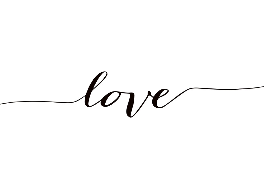 – Svarthvit tekstplakat med ordet «Love» og linjer som strekker seg ut mot sidene