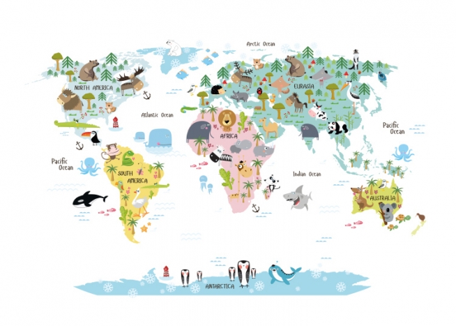  – Verdenskart med illustrerte kontinenter med dyr på