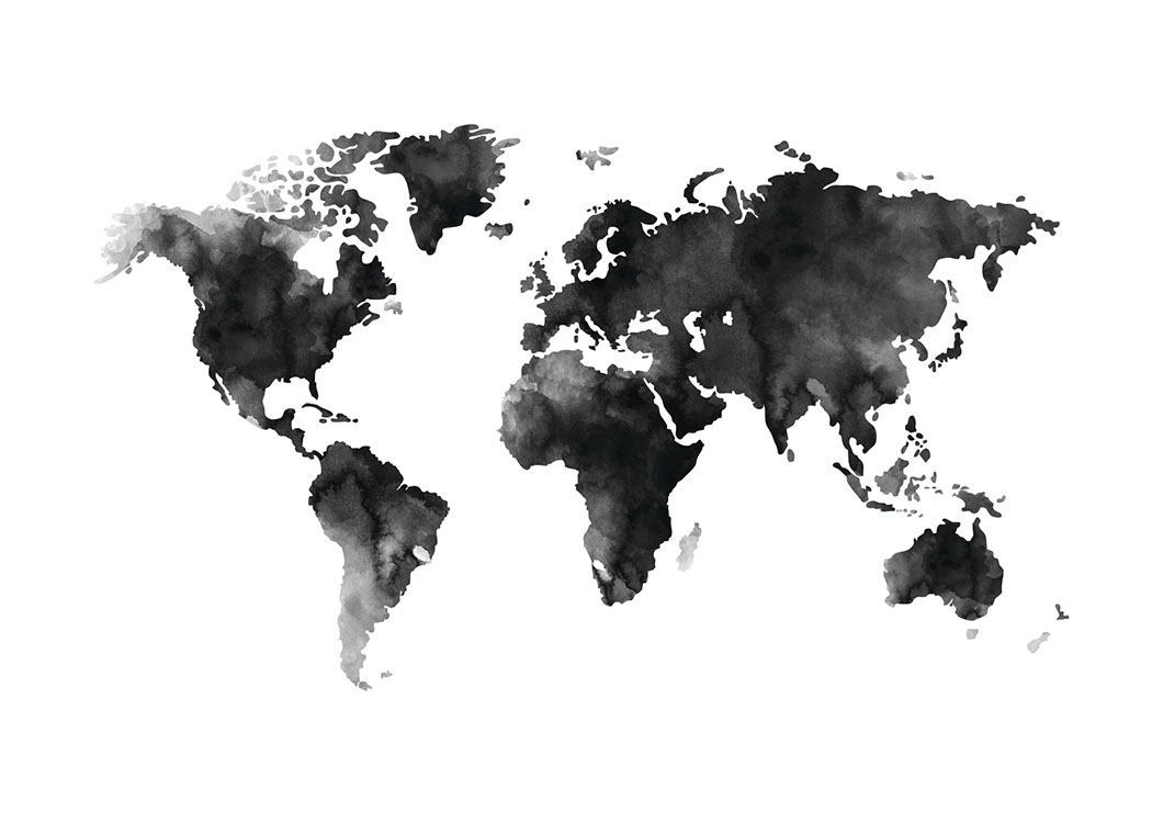  – Svarthvit akvarell med et verdenskart