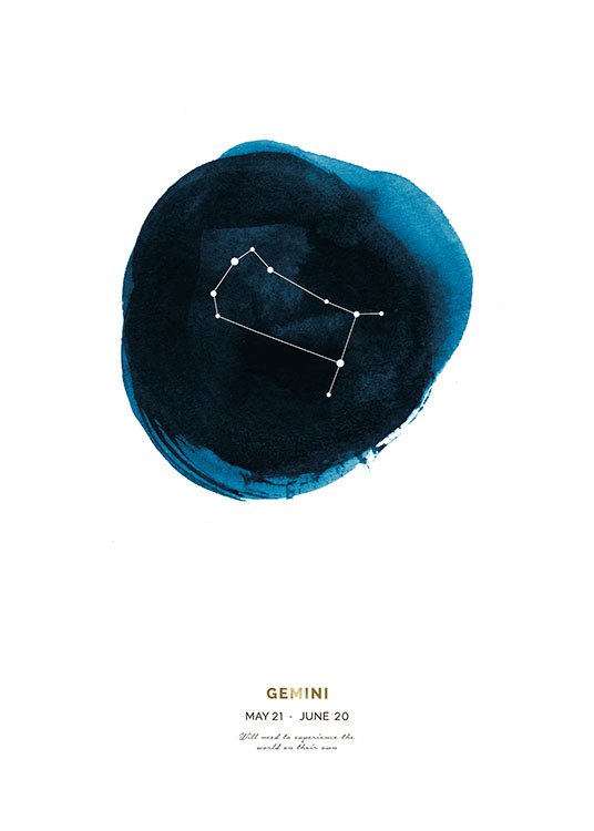  – Stjernetegnet Tvillingene mot en blå sirkel med tekst nederst