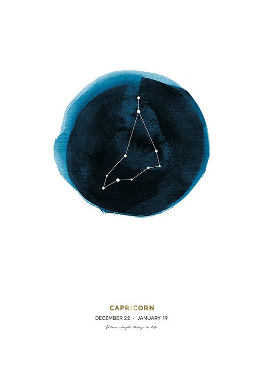  – Stjernetegnet Steinbukken over en blå sirkel med tekst nederst