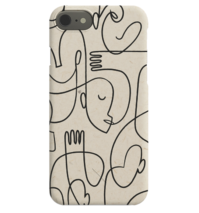  – iPhone-deksel med abstrakt motiv, med ansikter i svart line art mot en beige bakgrunn