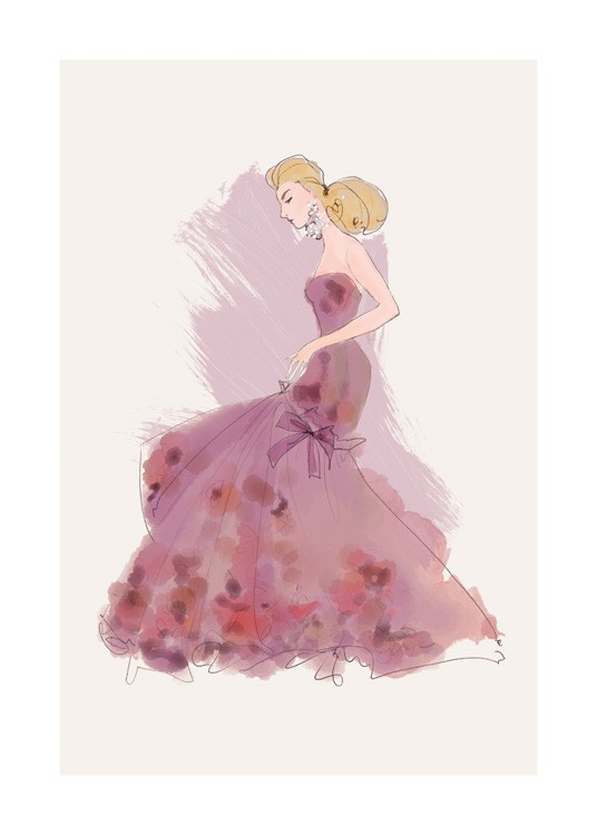  – Illustrasjon av Lars Wallin av en kvinne iført en lilla kjole med detaljer på skjørtet
