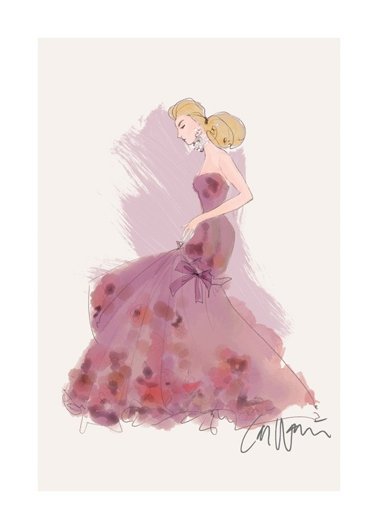  – Illustrasjon av en kvinne iført en lang, lilla dress med rosa detaljer