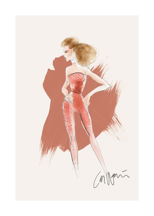  – Illustrasjon av en kvinne som står i en rød jumpsuit med perler på, mot en beige bakgrunn med røde penselstrøk