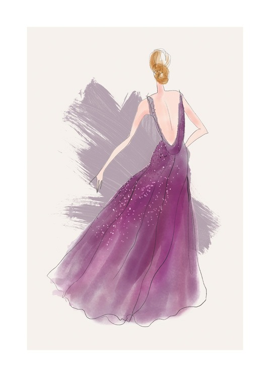  – Illustrasjon av en kvinne iført en lang, lilla kjole med paljetter, mot en beige bakgrunn med lilla penselstrøk