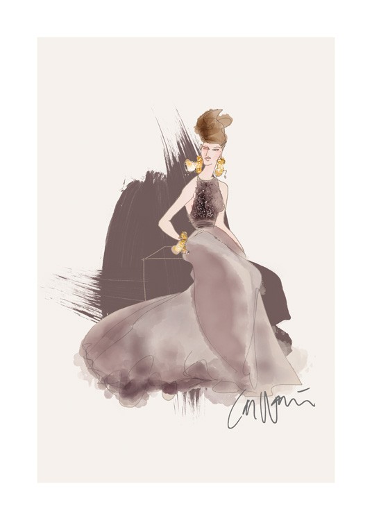  – Illustrasjon av en kvinne iført en lang kjole i mørkegrått med perler i livet mot en beige bakgrunn