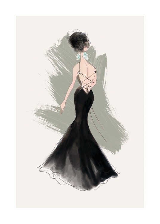  – Illustrasjon av en kvinne iført en svart kjole med snøring i ryggen og diamantøredobber