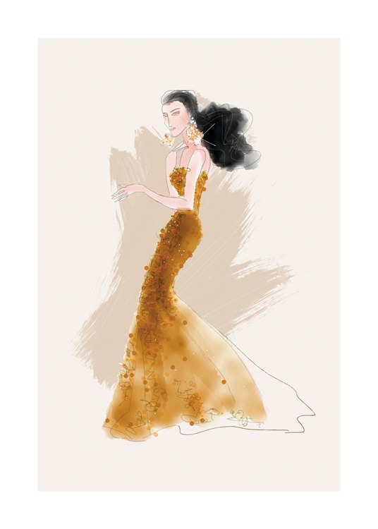  – Illustrasjon av en kvinne iført en mørkegul kjole med paljetter mot en beige bakgrunn