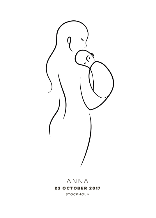  - Line art-illustrasjon av en forelder som holder en nyfødt baby, med plass til personlig tekst nederst