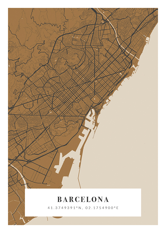  – Bykart i beige, brunt og mørkegrått, med bynavn og koordinater nederst
